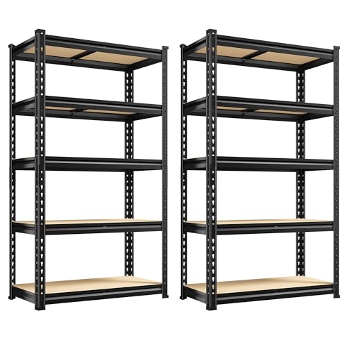 REIBII Set of 2 Storage Shelves 5 Tier Garage Shelving Heavy Duty Metal Shelving 2000LBS Garage Shelves Adjustable Metal Shelf for Kitchen Warehouse Pantry Closet, 27.6