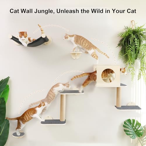 FUKUMARU Cat Wall Shelves, 5-Piece Stable Wooden Wall-Mounted Furniture Set, Kitty Climber with Hammock, House, Steps, Scratching Post (Gray)