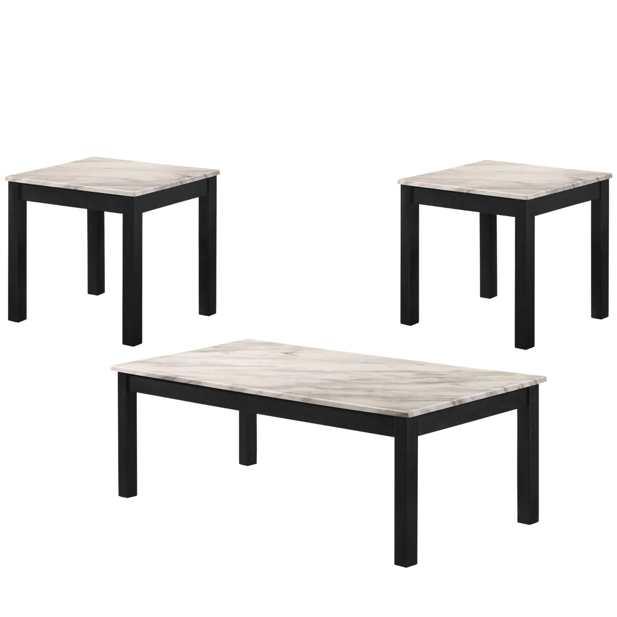 3 Piece Faux Marble Cocktail and End Table with Block Legs, White and Black- Saltoro Sherpi