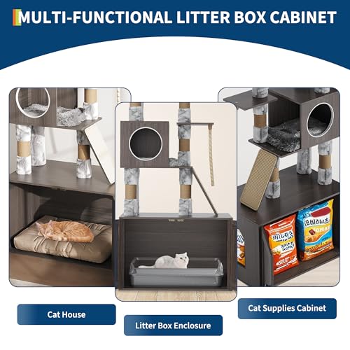Cat Tree with Litter Box Enclosure, 2-in-1 Cat Tower, 66.9-Inch Tall Cat Condo with Scratching Posts, Perch (Grey)