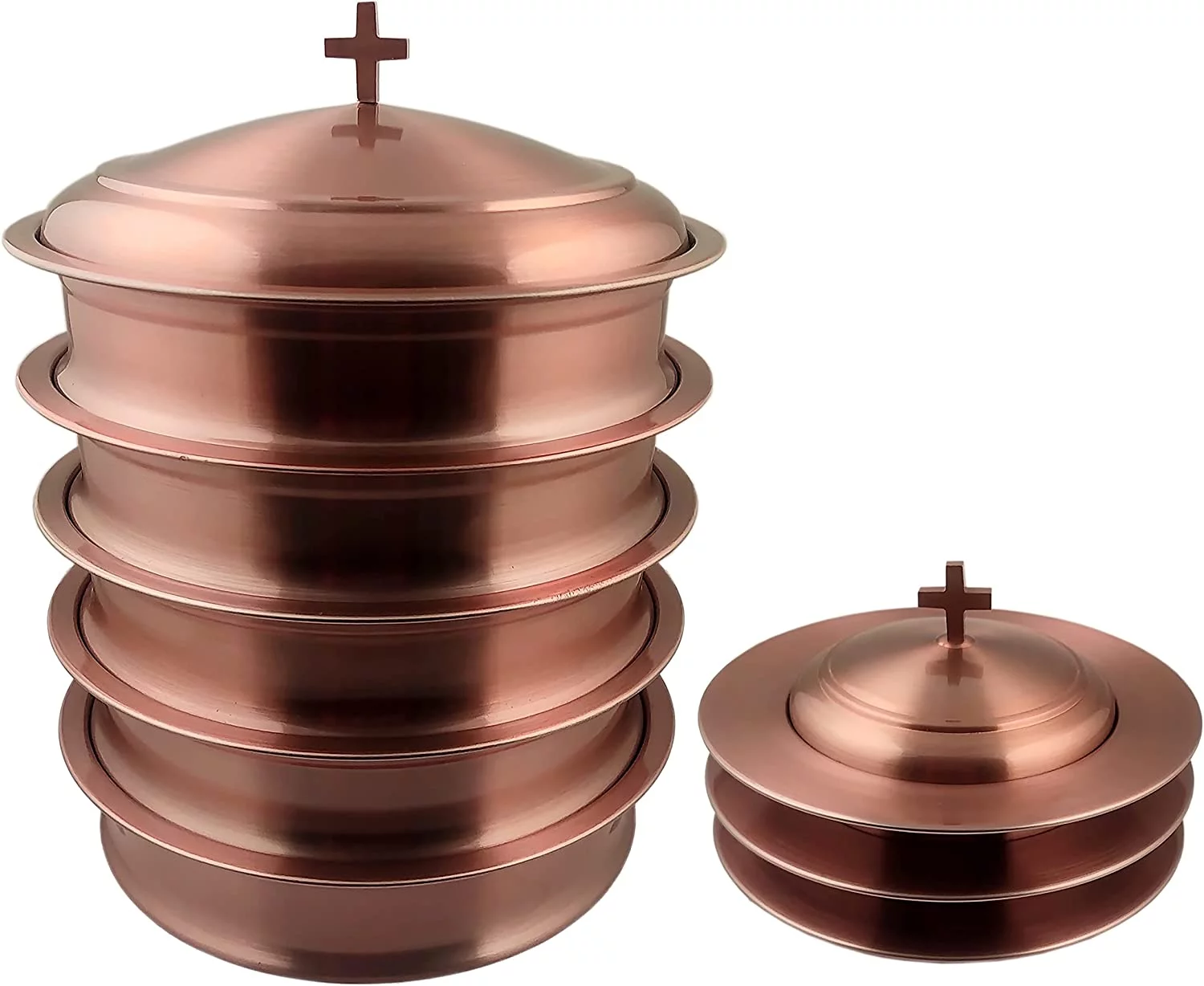 Communion Ware 5 Holy Wine Serving Trays with a Lid & 3 Stacking Bread Plates with a Lid Stainless Steel - (Copper)