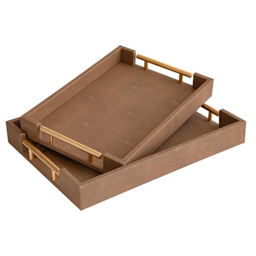 Modern Decorative Tray Set of 2 - White and Gold Marble Wood Serving Tray with Gold Polished Metal Handles for Ottoman, Coffee Table, Bathroom and More