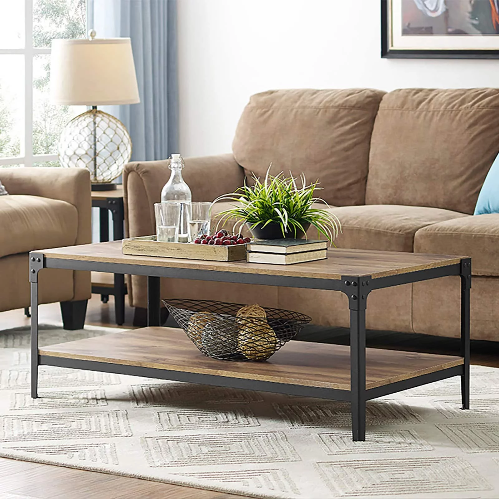 Angle Iron Rustic Metal and Wood Coffee Table in Gray Wash