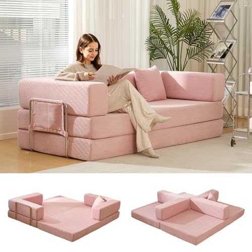 Convertible Sleeper Sofa Bed No Assembly Corduroy Upholstered Green Modular Floor Couch Queen/King Size Foldable Futon with Memory Foam for Apartment Living Room Bedroom (Off White)