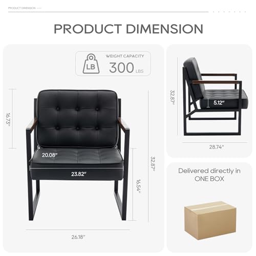 COLAMY Mid Century Modern Accent Chair Set of 2, Comfy Living Room Chair, Black Leather Accent Chair, Faux Leather Reception Armchair with Metal Legs for Living Room Bedroom Reception Office, Black