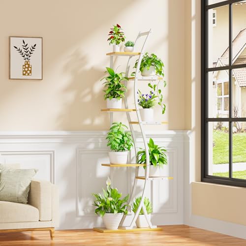 Plant Stand Indoor with Grow Lights - 7 Tiered Tall Metal Plant Shelf - Corner Wooden Plant Stand for Indoor Plants Multiple, Large S-Shape Flower Rack Holder for Living Room, Garden, Patio Decor, 62