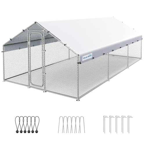 Quictent Large Metal Chicken Coop Run W/Roosting Perch for 20+ Poultry with Heavy Duty Wire Mesh and Waterproof Roof Cover, Outdoor Walk-in Cage Peak Hen House for Yard Farm, 12x9x6.6FT