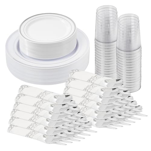 350 Pieces Gold Disposable Plates for 50 Guests, Disposable Plastic Plates for Party, Wedding, Dinnerware Set of 50 Dinner Plates, 50 Salad Plates,50 Cups and 50 Paper Napkins, Gold