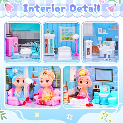 Dollhouse with 4-Story 11 Rooms, Dream Gift Princess Doll House Playset with Furniture, Blue Toddler House with Pool Slide for 3 4 5 6 7 8 9 10 Year Old Girls Kids