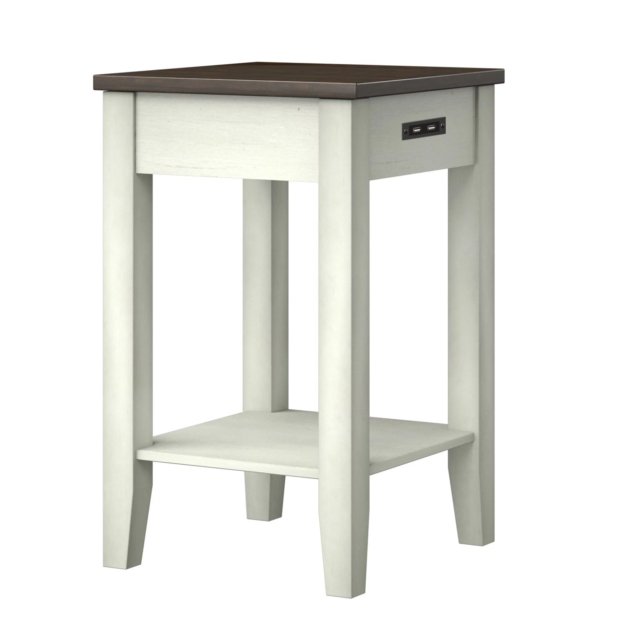 Modern Farmhouse Two-Tone Side Table with USB Charging in Old Wood White