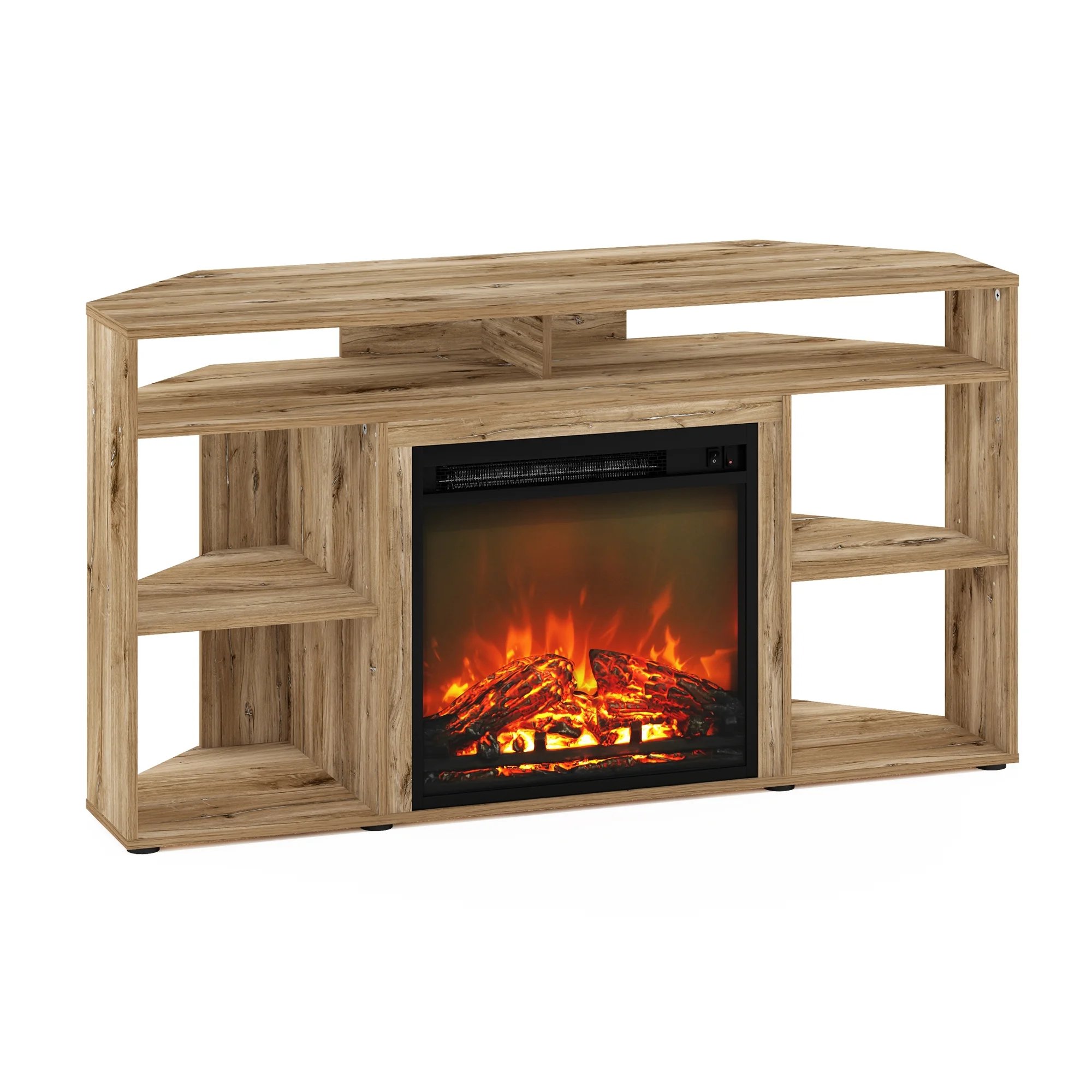 Furinno Jensen Corner TV Stand with Fireplace for TV up to 55 Inches, Flagstaff Oak