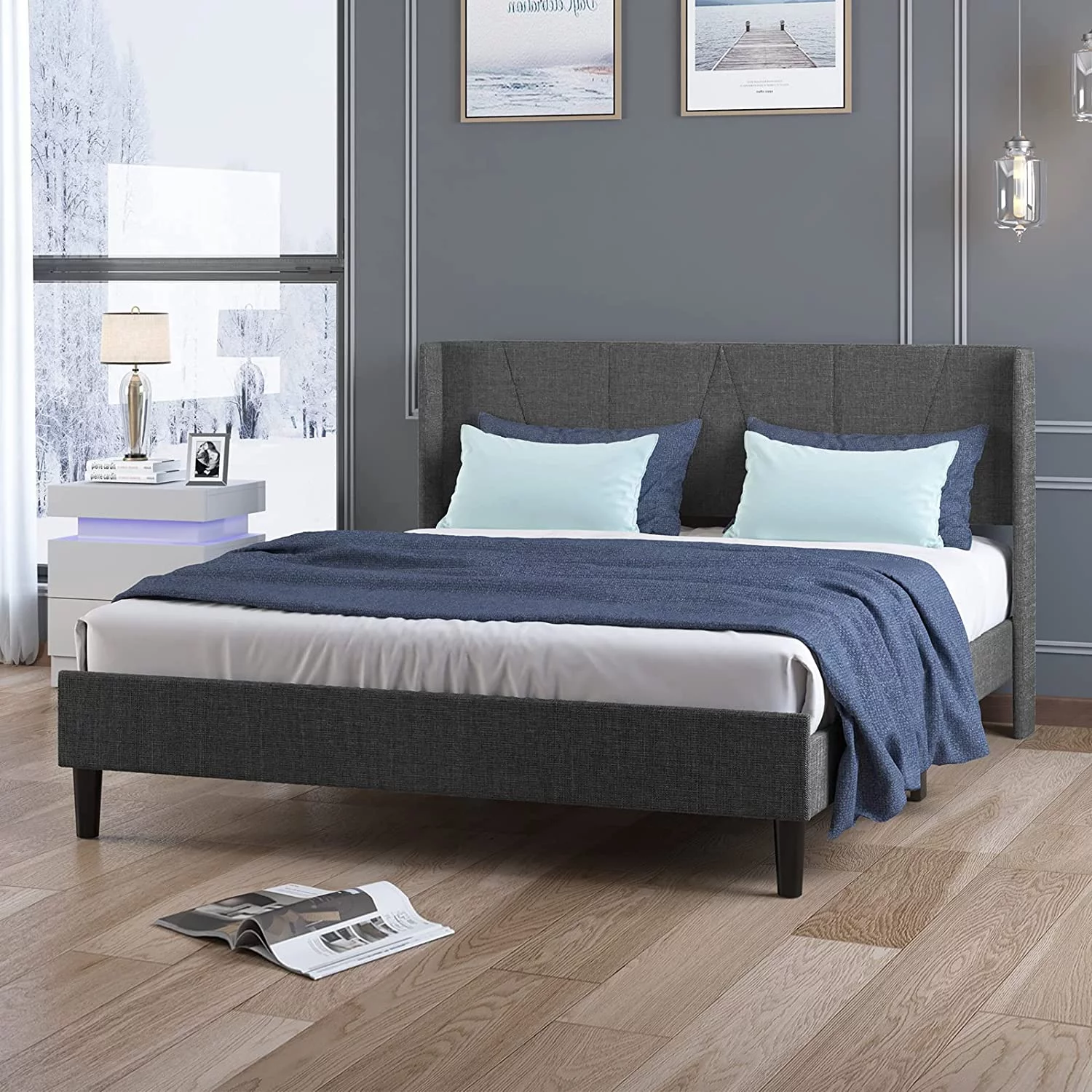 sell well Mjkone Full Upholstered Wingback Platform Bed Frame with Modern Headboard/Mattress Foundation with Wood Slat Support No Box Spring Needed/Easy Assembly  Dark Grey