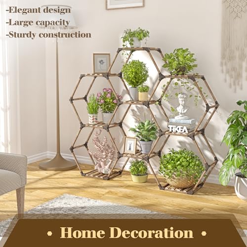 Tikea Plant Stand Indoor Hexagonal Plant Stand for Multiple Plants Indoor Outdoor Large Wooden Plant Shelf Creative DIY 6 Tiered Flowers Stand Rack for Living Room Balcony Patio Window