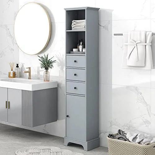 RUNFAYBIU Bathroom  Cabinet  Freestanding  Cabinets with 3 Drawers & Adjustable   Narrow Tall Cupboard for Bath Room  Living Room & Small Spaces (White)