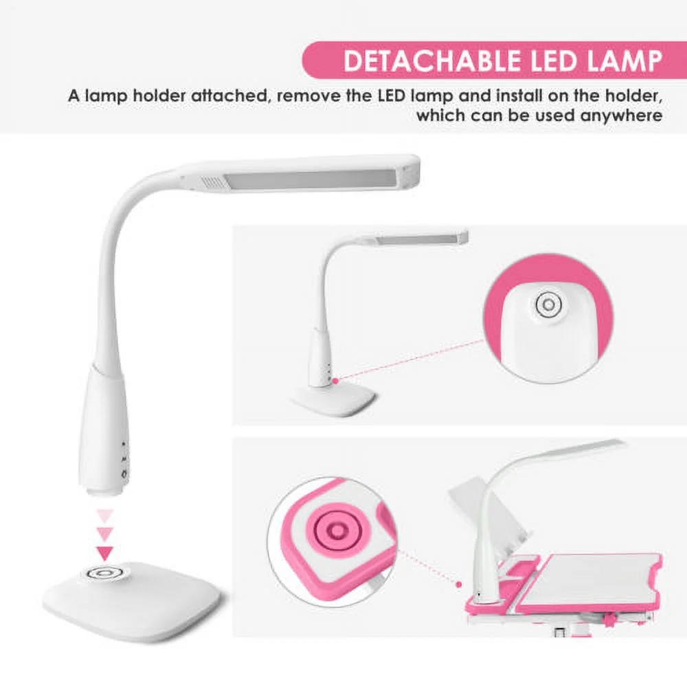 COSVALVE Height Adjustable Kids Study Desk & Chair Set Children Girl Table Large Writing Board Desk with LED Lamp,Drawer,Bookstand,Chair Cover(Pink)