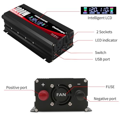 1000 Watt Car Power Inverter DC 12V to 110V/120V AC Converter with LCD Display Dual AC Outlets and Dual USB Car Charger for Car Home Laptop Truck Black