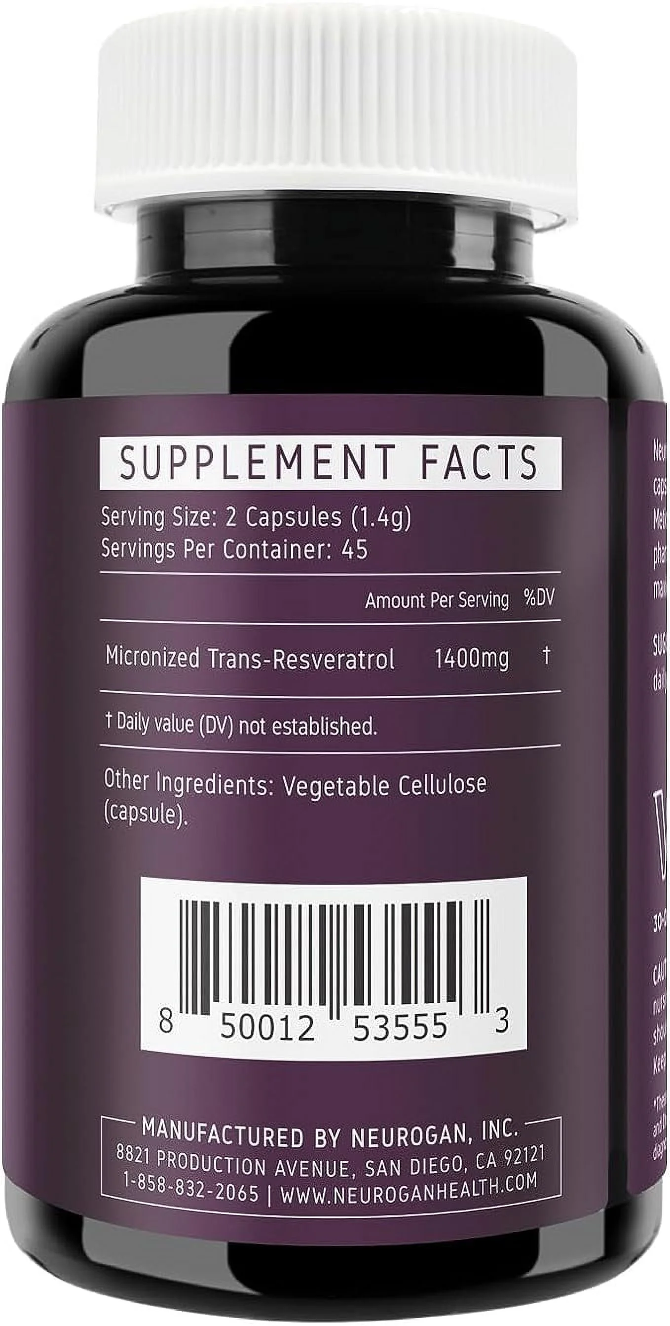 Neurogan Micronized Trans-Resveratrol Capsules, 63,000mg Total, 90ct Premium 700 MG Per Capsule - 45 Servings - Highly Purified, Optimized Bioavailability - Made in USA