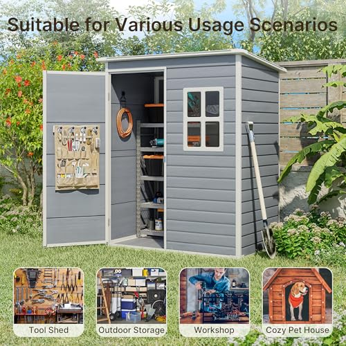 Gizoon 6x4 FT Outdoor Storage Shed with Floor, Resin Garden Tool Shed with Lockable Doors, Window, Vents, Reinforced Steel Frame, Waterproof Plastic Storage Sheds for Backyard, Patio, Lawn