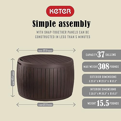 Keter Outdoor Storage Deck Box, 37 Gallon Waterproof Patio Table Bin, Circa, Brown