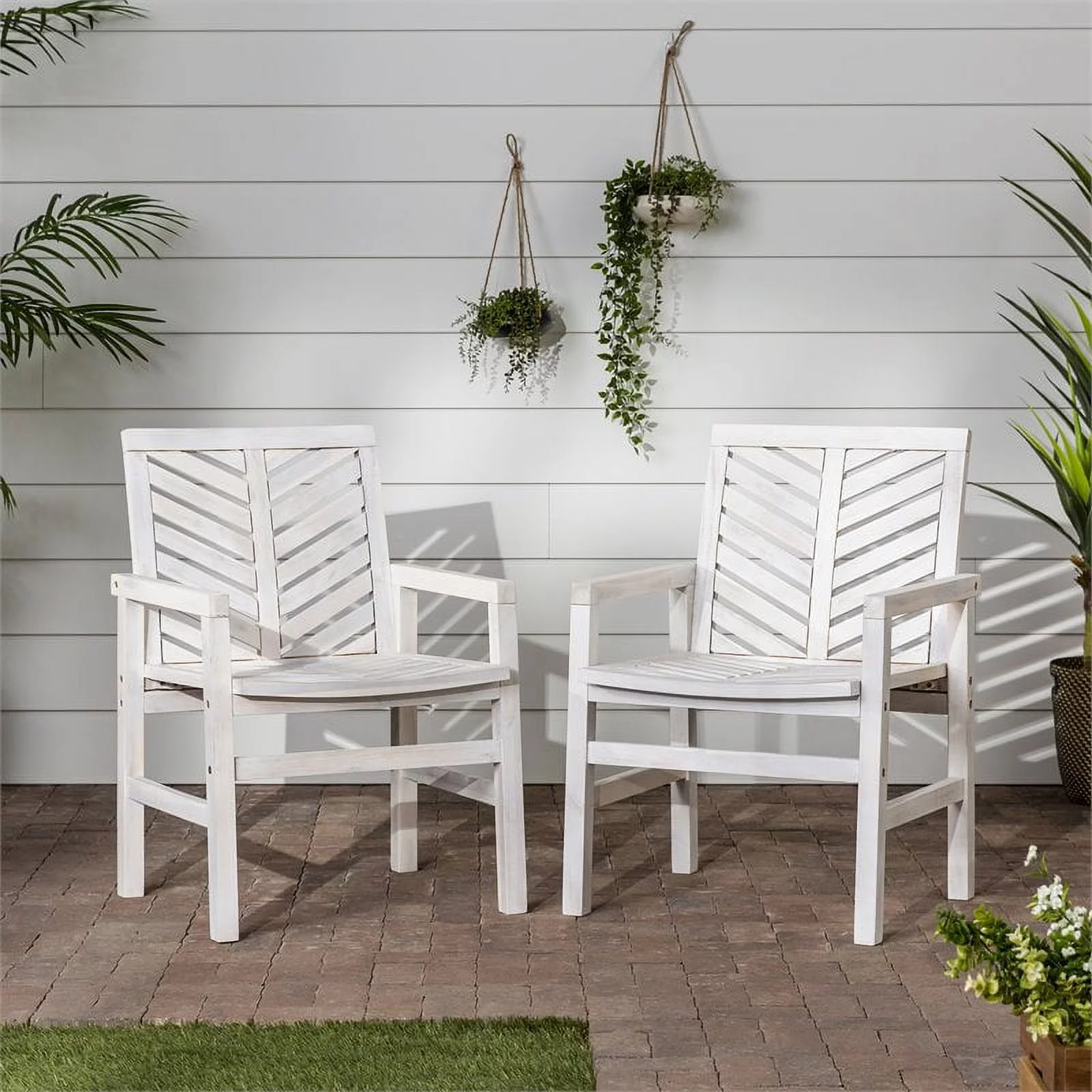 Walker Edison Vincent Solid Wood Patio Chair in White Wash (Set of 2)