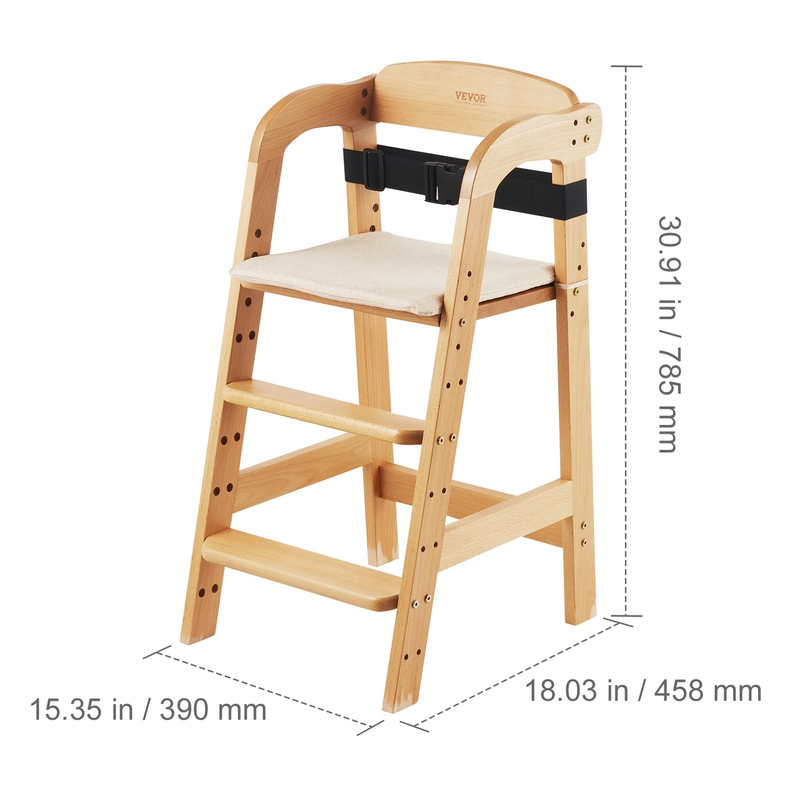 BENTISM Wooden Baby HighChair with Adjustable Legs, Solid Wooden Toddler Chair Baby Booster Seat 13'' Tall
