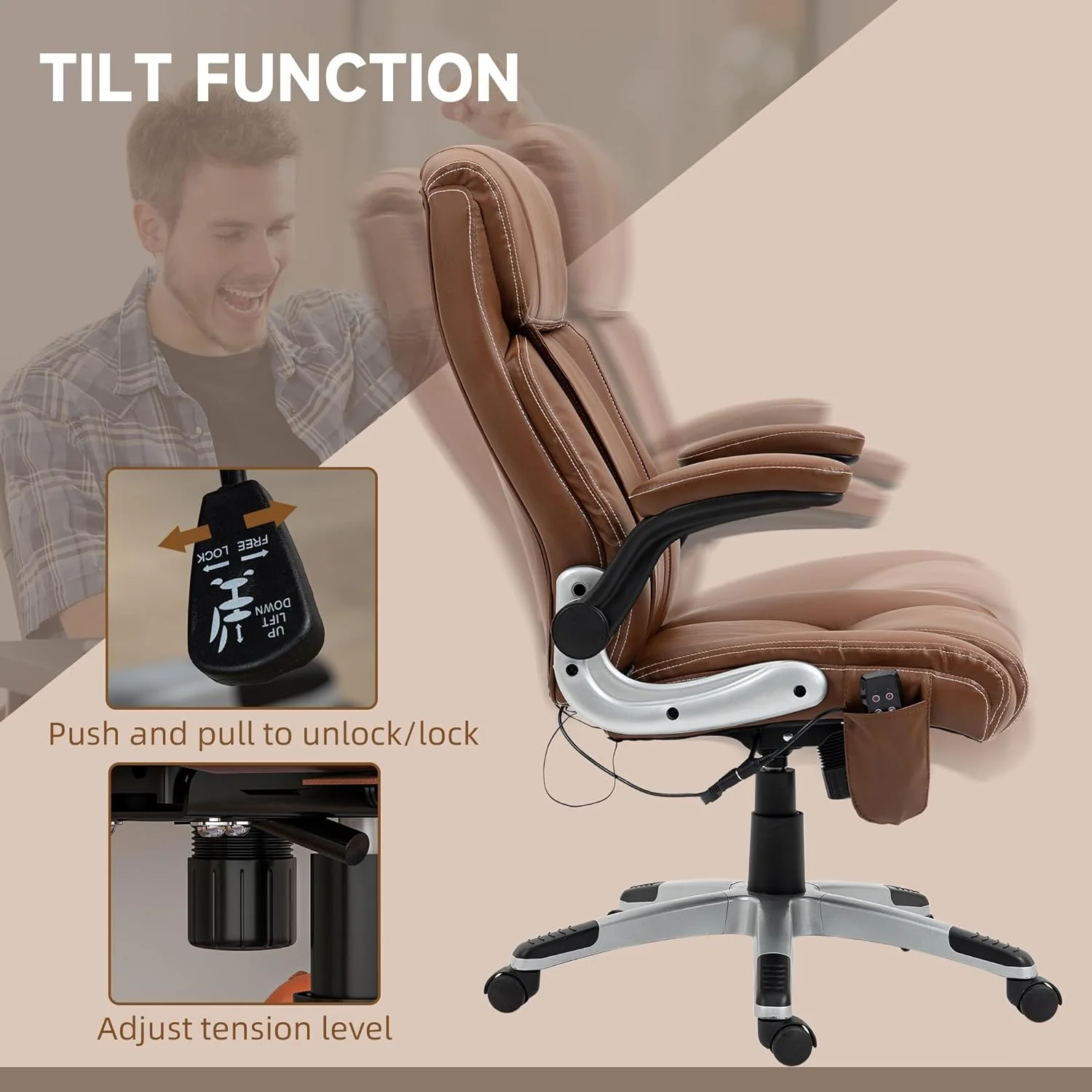 Executive Massage Office Chair With 6 Vibration Points, Heated Faux Leather Computer Desk Chair With -Up Armrest, Adjustable Height, Swivel Wheel, Brown