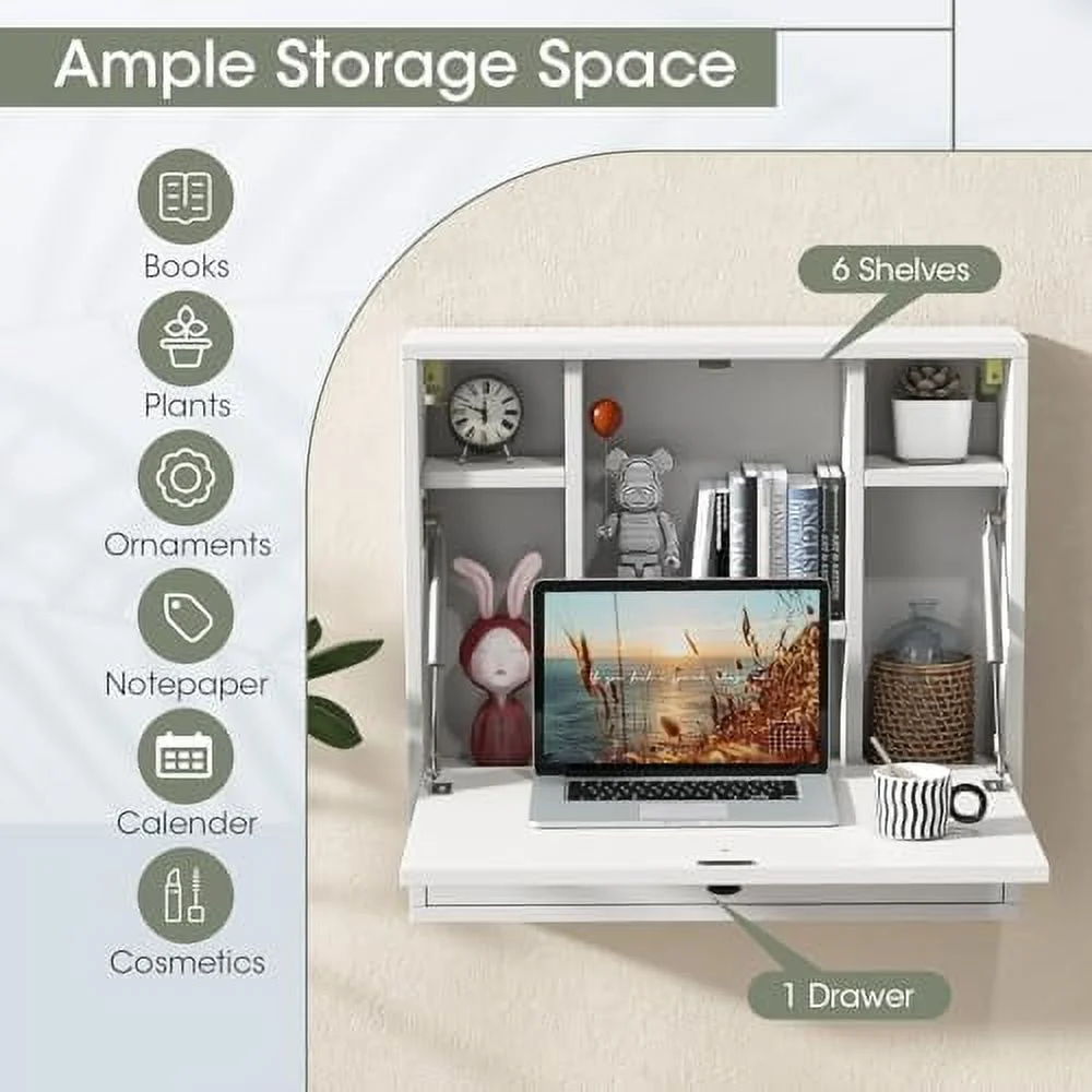 HJNIUNIU Wall Mounted Desk  Multi- Floating Desk Wall Mount Laptop Desk  Space Saving Wall Mounted Table Wall Desk with  Drawer and Shelves (Black)