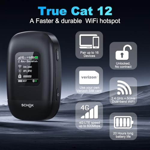 SCHOK 4G LTE Mobile Hotspot - Cat 12 Portable WiFi for Travel, Dual Bands (2.4GHz/5GHz), 600Mbps Download High Speed, Supports 16 Connected Devices, Compatible with Verizon & its MVNOs ONLY