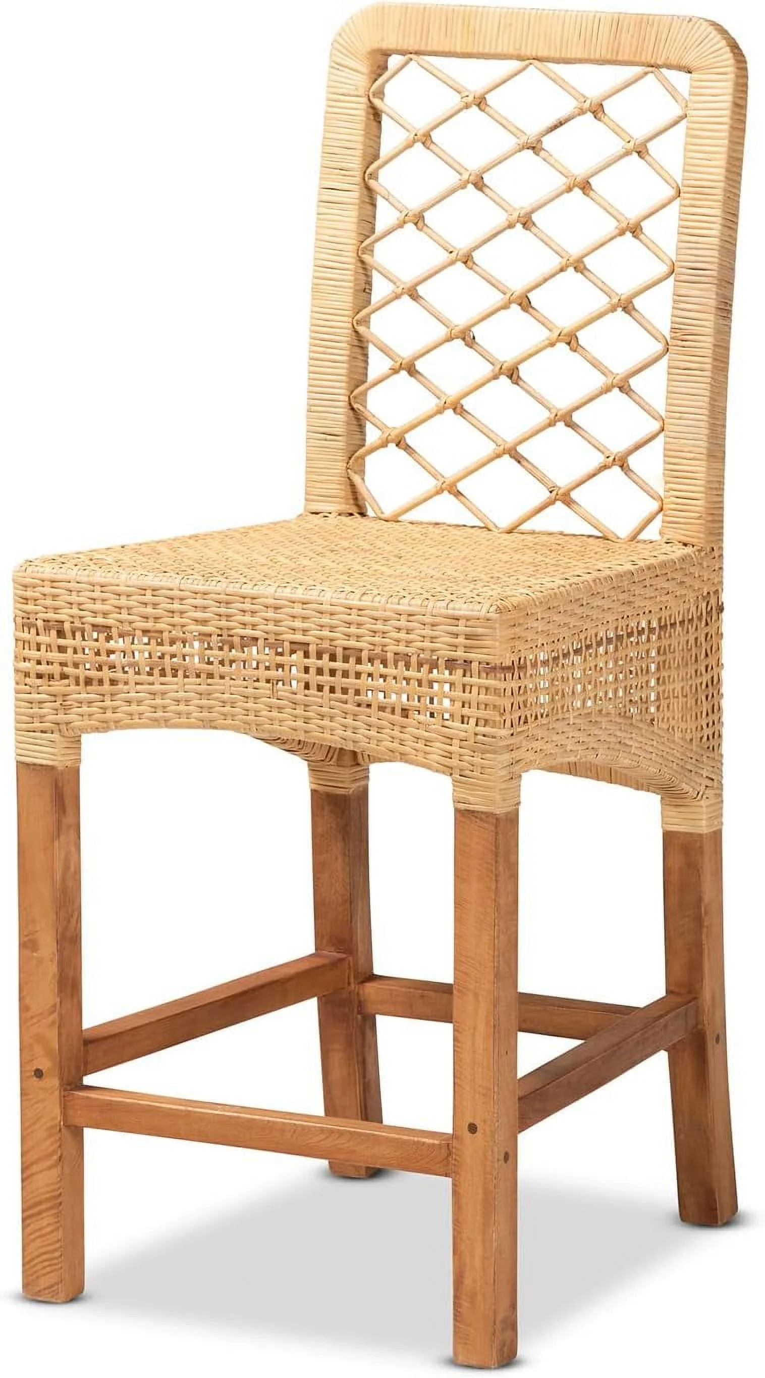 Moscow Modern Bohemian Natural Brown Rattan And Walnut Brown Finished Wood Counter Stool