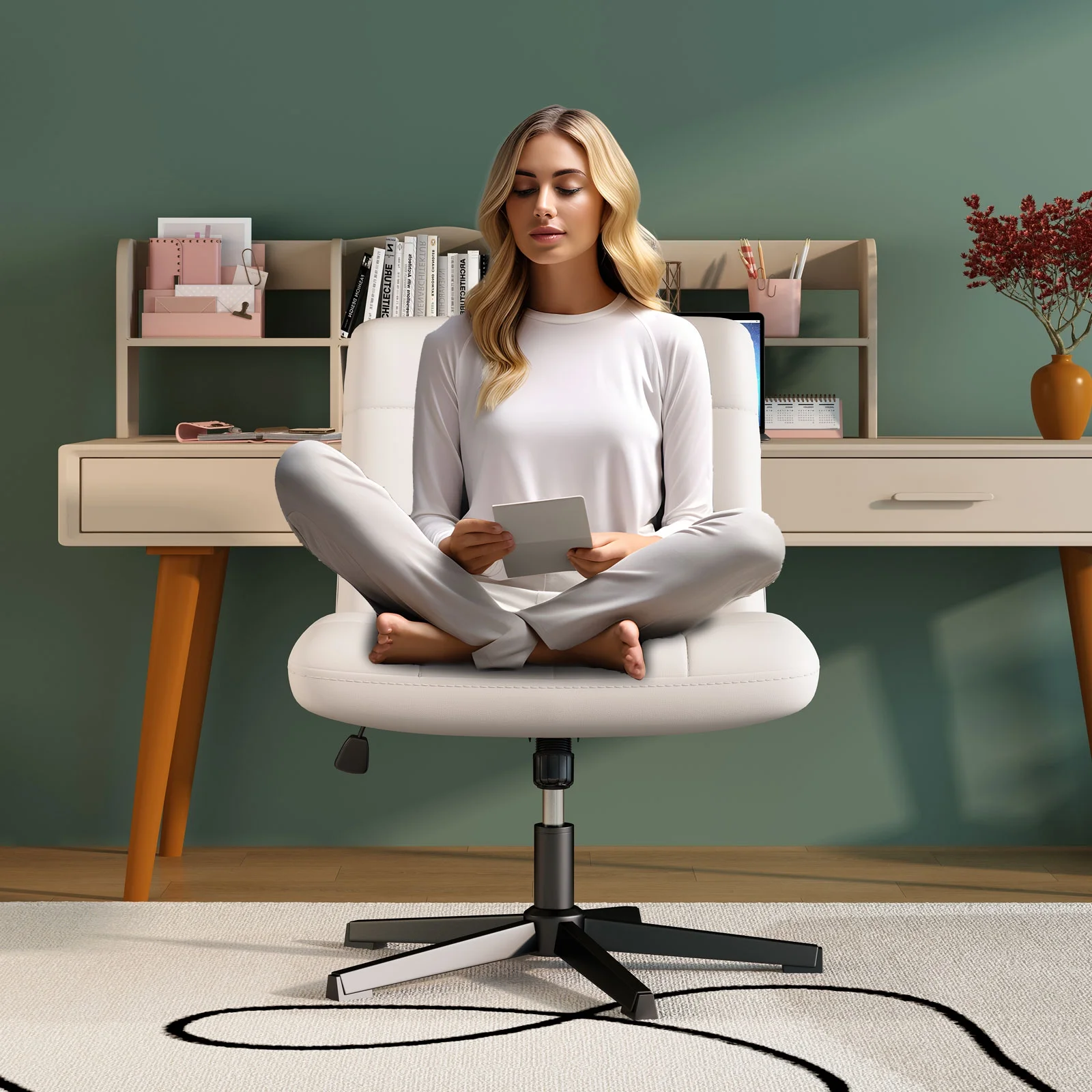 SeekFancy Criss Cross Legged Office Chair, Pu Leather Armless Desk Chair No Wheels, Wide Seat Home Office Task Chair Mid Back Vanity Chair, White