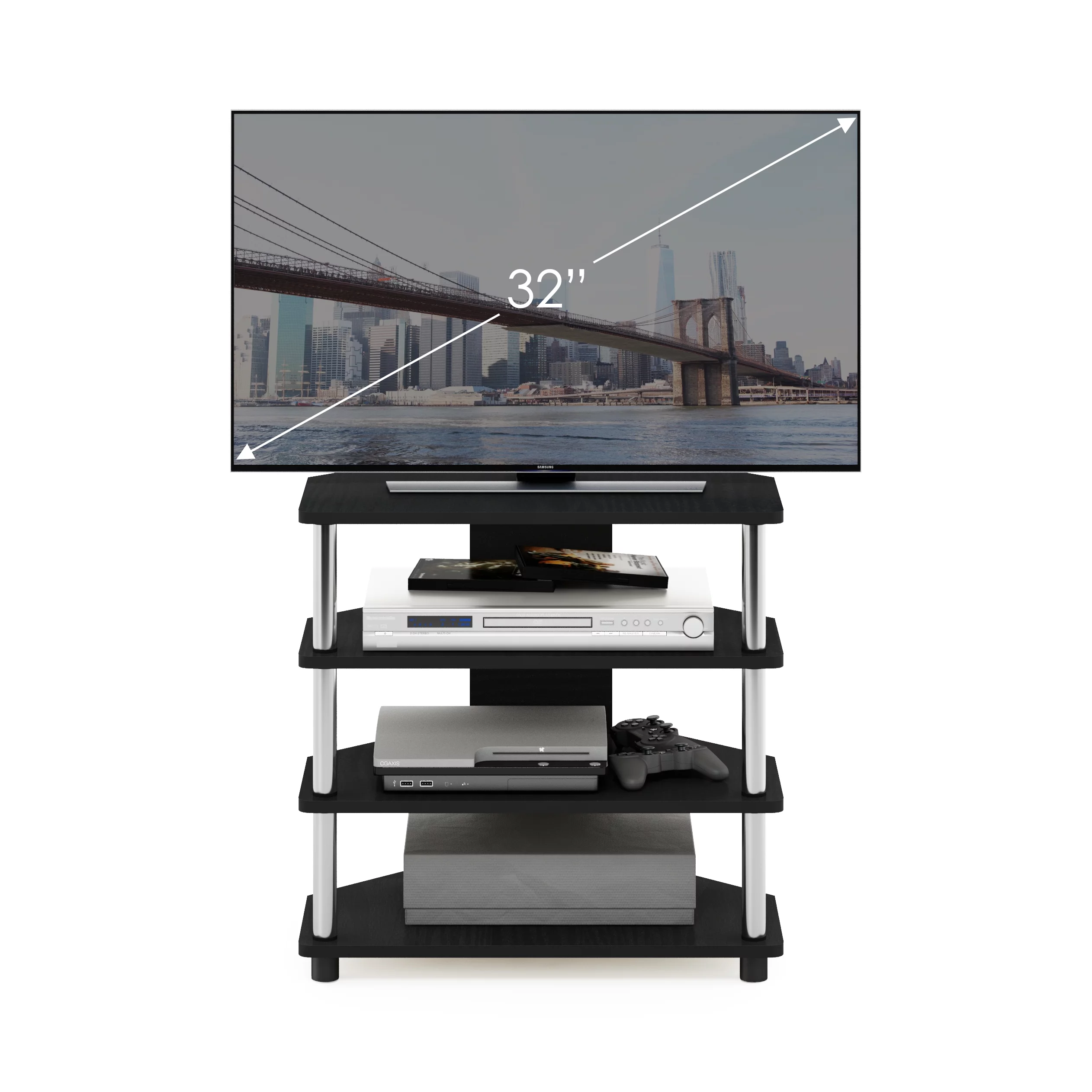 Furinno Econ Easy Assembly 4-Tier Petite TV Stand, Americano, Stainless Steel Tubes