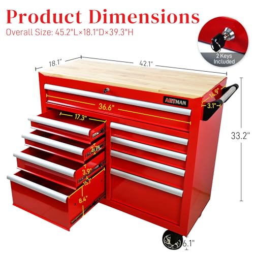 Heavy Duty Rolling Tool Chest with 9-Drawer Wood Top Tool Cart Mechanic Tool Box with Wheels Tool Storage Cabinet Mobile Workbench Tool Bench for Garage, Warehouse, Workshop, Repair Shop (Black)