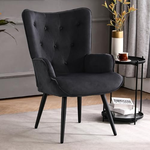 Furniliving Boucle Accent Chair for Living Room, Upholstered Reading Chair with High Backrest, Tufted-Button Wingback Armchair for Bedroom, Dressing Room, Home Office, Black