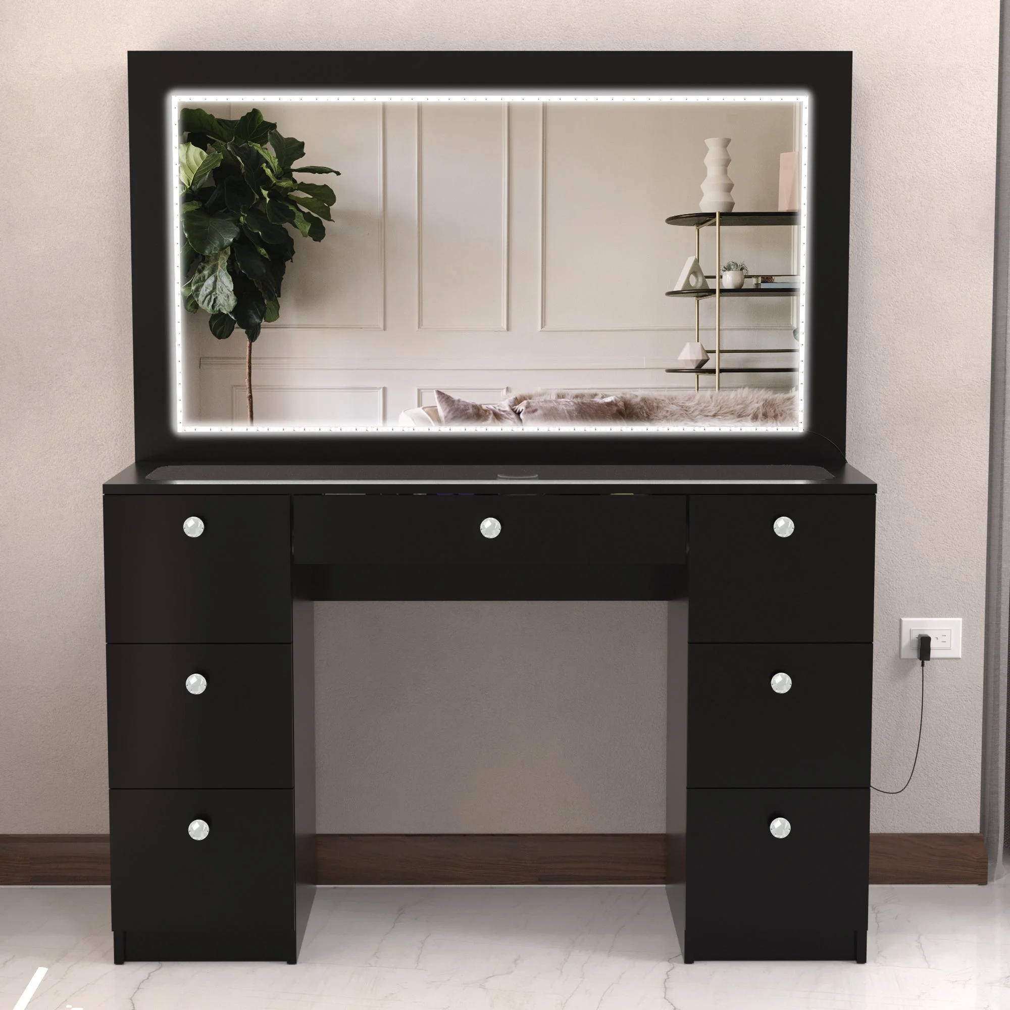 Boahaus Seraphine Modern Black Vanity Desk with LED Lights, 7 Drawers, Mirror, Crystal Ball Knobs, for Bedroom