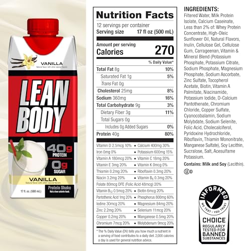 Labrada Lean Body Ready-to-Drink Strawberry Protein Shake, 40g Protein, Whey Blend, 0 Sugar, Gluten Free, 22 Vitamins & Minerals, 17 Ounce (Recyclable Carton & Lid - Pack of 12) LABRADA
