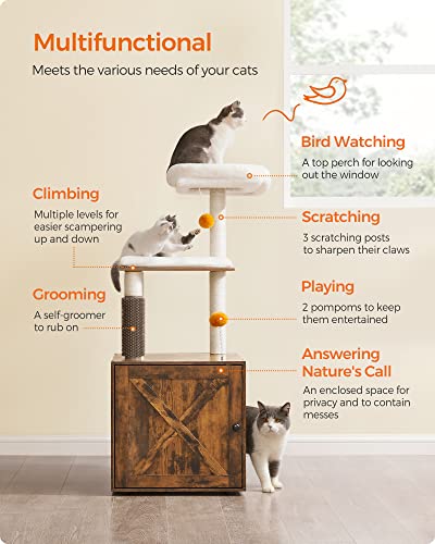 Feandrea Cat Tree with Litter Box Enclosure, 2-in-1 Modern Cat Tower, 52.8-Inch Cat Condo with Self Groomer, Scratching Posts, Washable Cushions, Greige UPCT115G01