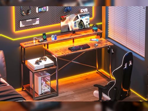 AODK Computer Desk, 48 Inch Gaming Desk with Led Lights & Power Outlet, Office Desk with Storage Shelves, Reversible Desk with Monitor Shelf & Headphone Hook, Carbon Fiber Black