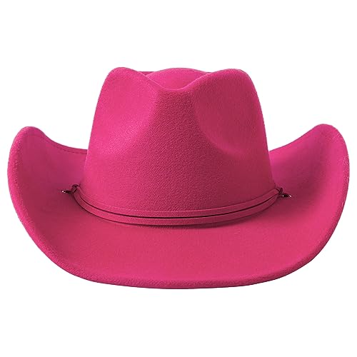 Lanzom Women Men Retro Felt Wide Brim Western Cowboy Cowgirl Hat Dress Up Hat with Wind Lanyard