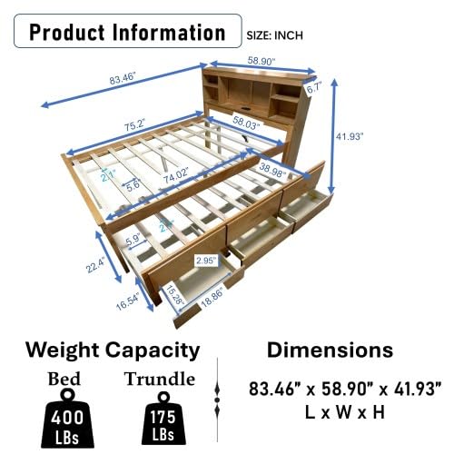 Full Size Platform Bed with 3 Drawers and Trundle,Captain’s Bed Frame with Storage Headboard Bookcase Shelves for Kids Teens Bedroom, No Box Spring Needed,Natural