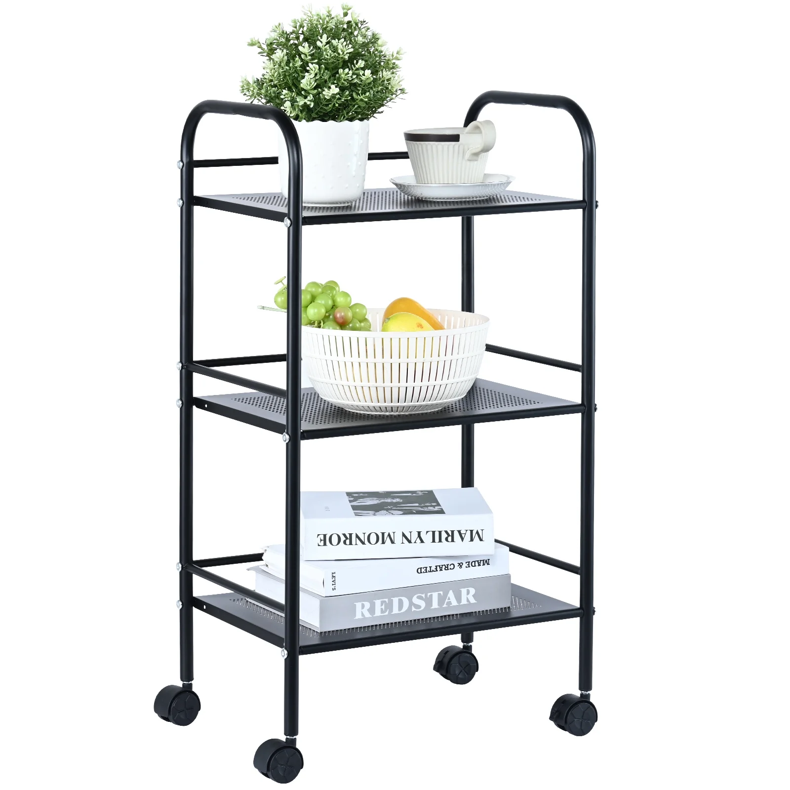 SKYSHALO 3-Tier Kitchen Rolling Cart Utility Cart on Wheel with Handle Shelf Black