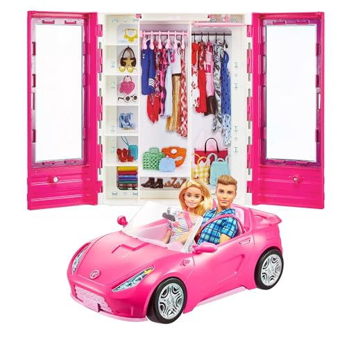 Barbie and Ken Doll with her Wardrobe and Pink Two-Seater Convertible car. Includes Accessories.