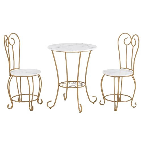 JOIN IRON 2-Piece Bistro Dining Set for Indoor Use, Marble-Look Tabletop with Gold Metal Frame, Vintage French Café Style Round Table and Chairs for Kitchen, Breakfast Nook, Small Apartment