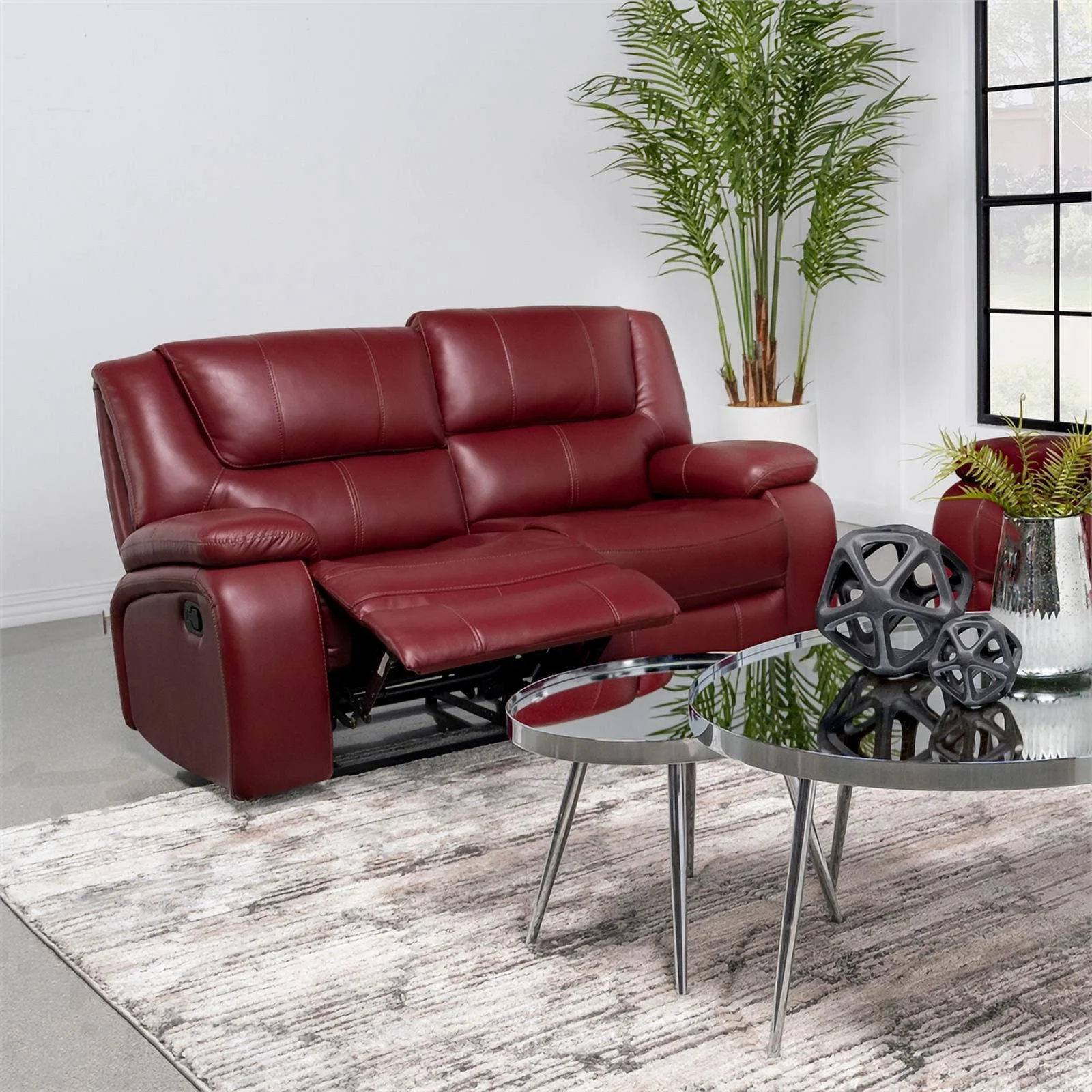 Coaster Upholstered Transitional Faux Leather Motion Loveseat in Red