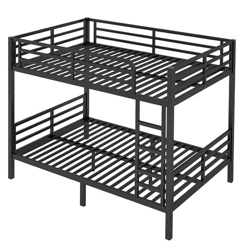 Heavy Duty Bunk Bed Frame with Ladder, Twin XL Over Twin XL Bunk Beds with Safety Guardrails, Adults Bunk Beds with Noise-Reducing Rubber Stoppers, Easy Assemble, Black
