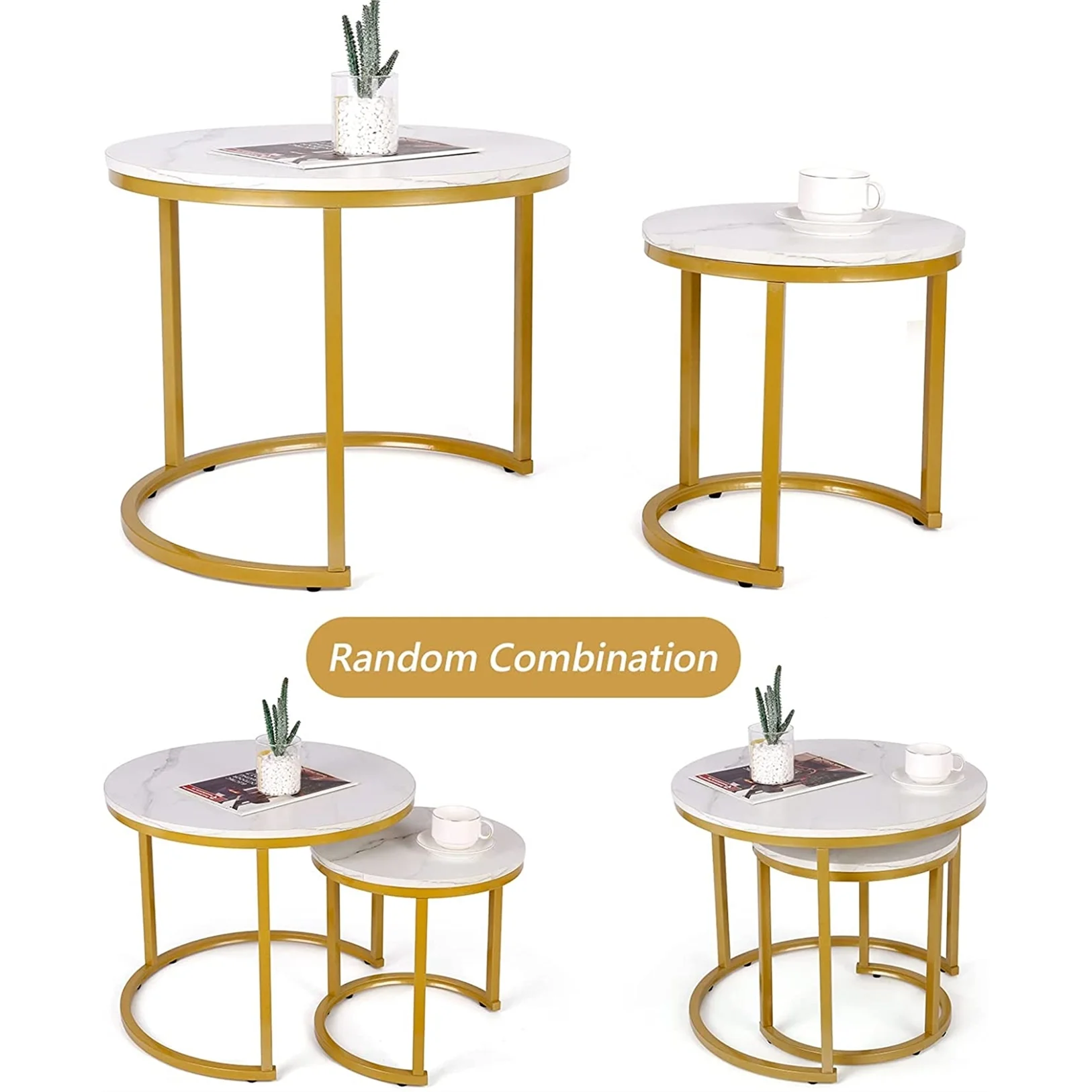 Modern Round Nesting Tables with Metal Frame (Set of 2) (White & Black)