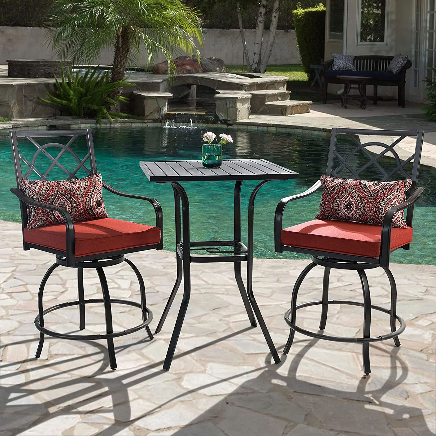 SUNCROWN 3 Pieces Outdoor Bar Set Patio Metal Swivel Chairs and Steel Slat Square Table, Red