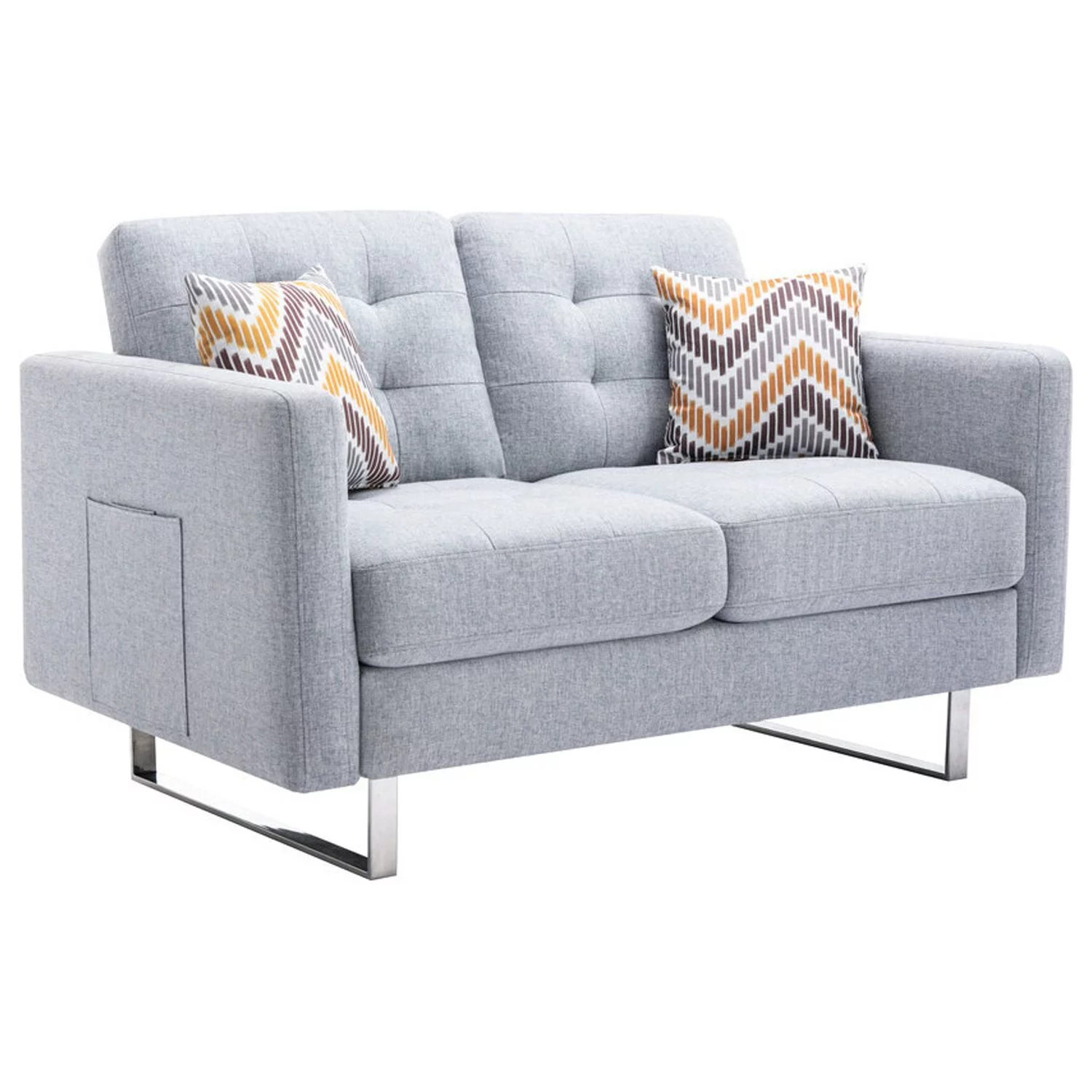 Blissful Nights Mediterranean Magic Linen Fabric Loveseat With Metal Legs, Side Pockets, And Pillows