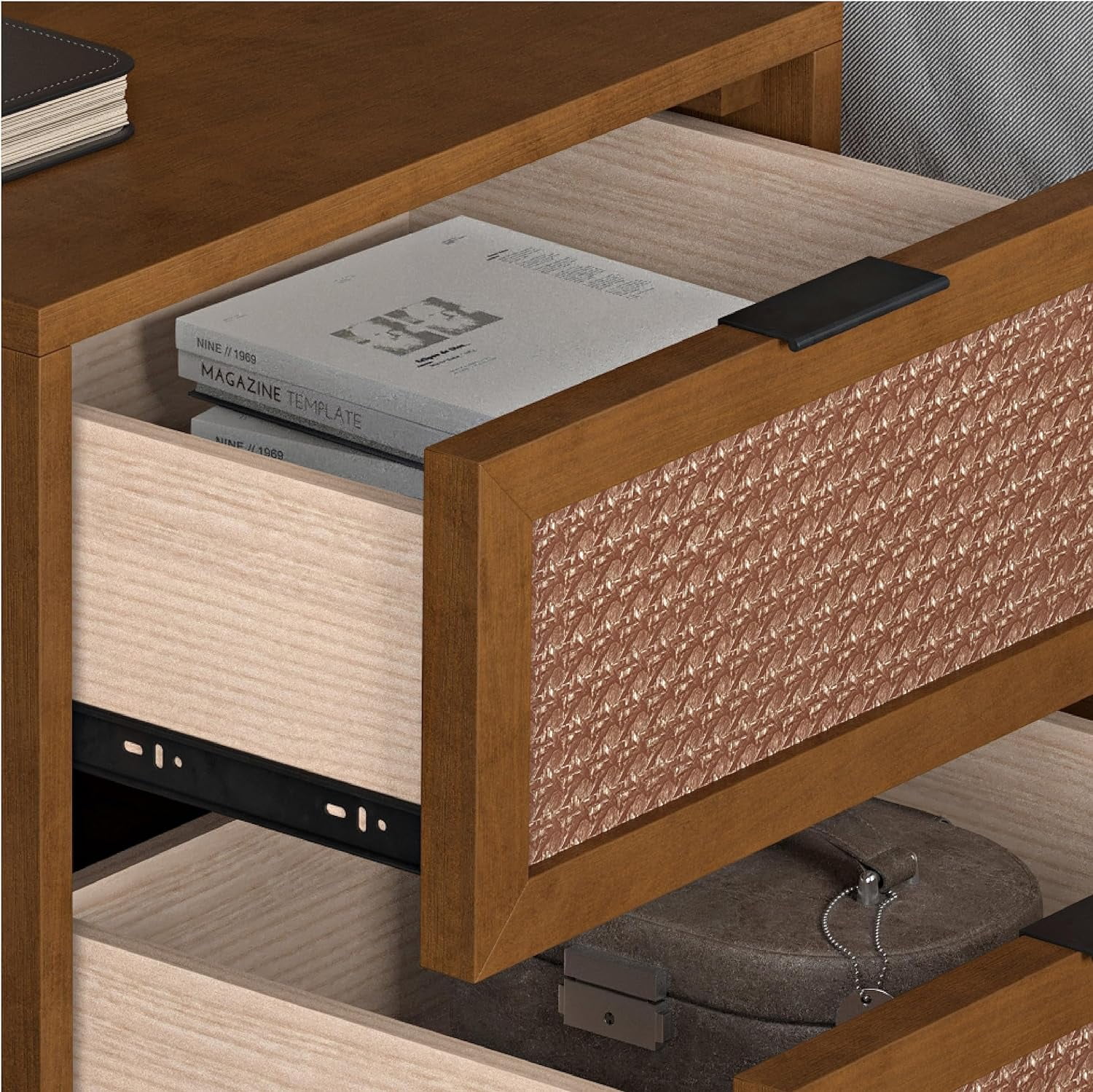 DG Casa Cove Rattan 2-Drawer Small Nightstand in Walnut with Mixed Materials & Detailed Leg Design