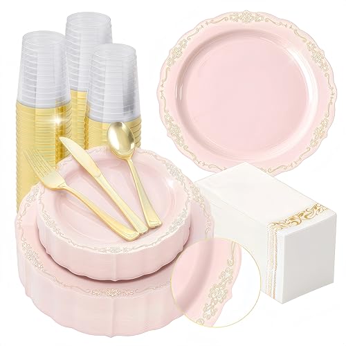 350 PCS Gold Disposable Plates, Scalloped Dinnerware Set for 50 Guests, 100 Plastic Plates, 150 Silverware, 50 Cups & 50 Paper Napkins, Gold