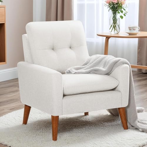 JUMMICO Mid Century Accent Chair, Fabric Modern Reading Living Room Chair, Fluffy Comfy Armchair Small Sofa Chair with Wood Legs for Bedroom Office Cafe (Pearl White, Set of 2)